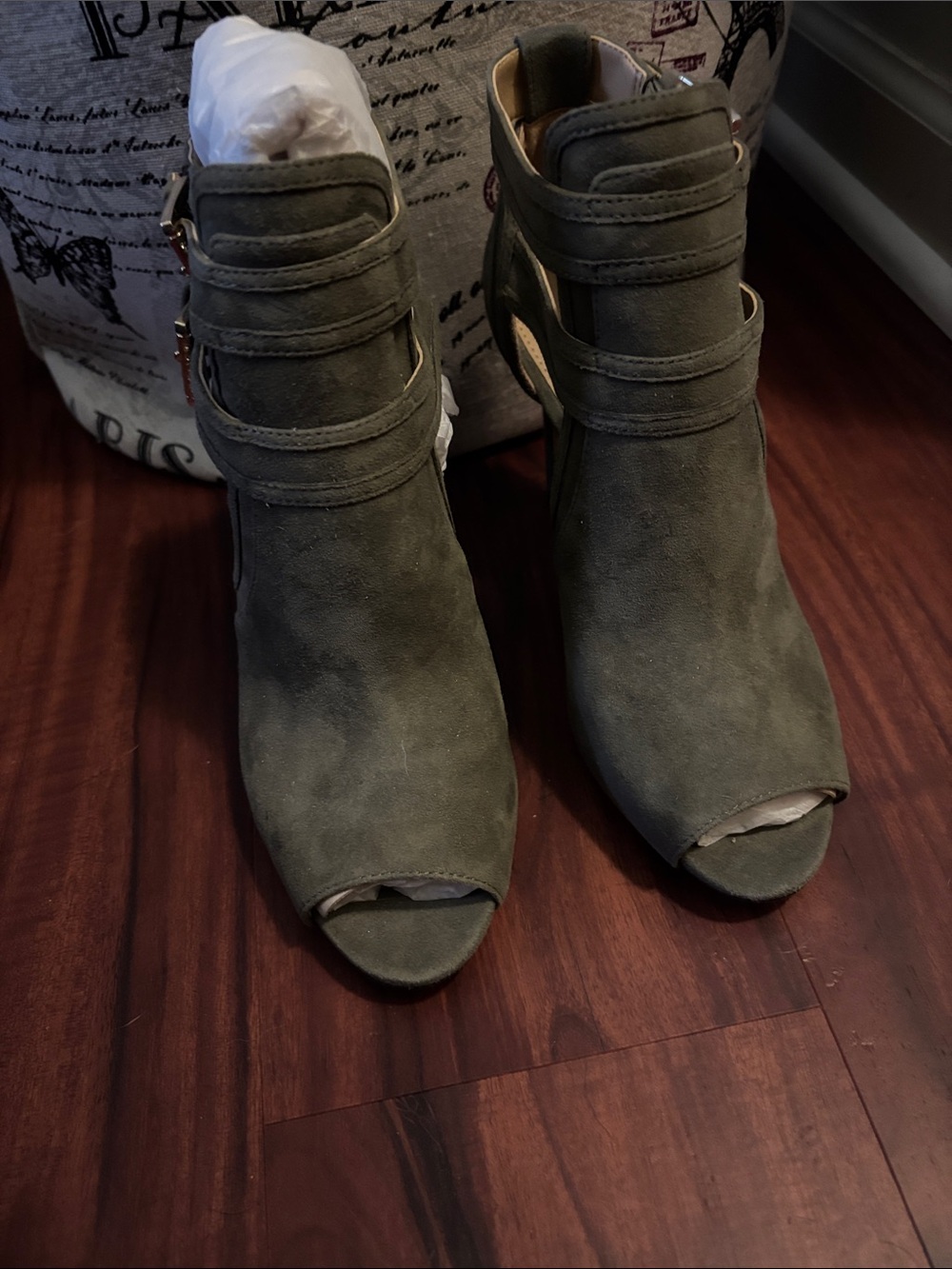 Michael Kors Olive Green Suede Peep-Toe Ankle Booties